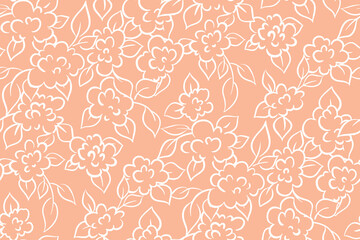 Seamless floral pattern, romantic backdrop with line art plants, flowers and leaves on a pink background. Surface design with delicate botanical sketch composition. Vector illustration.