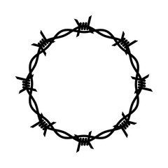 Barbed wire, symbol of prison or prohibition. Circular composition, barbed wire ring. Isolated raster illustration on a white background.