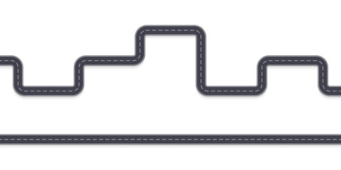 Road template set. High view. Straight and curve asphalt highway. Winding path or route. Vector illustration. 