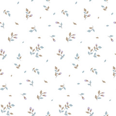Seamless floral pattern, trendy botanical print with rustic motifs. Abstract composition of small twigs with flowers and leaves on a white background. Vector illustration.