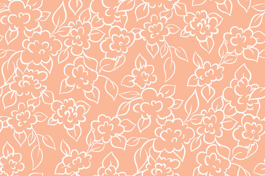 Seamless floral pattern, romantic backdrop with line art plants, flowers and leaves on a pink background. Surface design with delicate botanical sketch composition. Vector illustration.