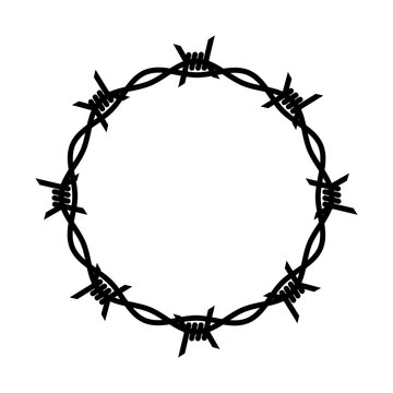 Barbed wire, symbol of prison or prohibition. Circular composition, barbed wire ring. Isolated vector illustration on a white background.