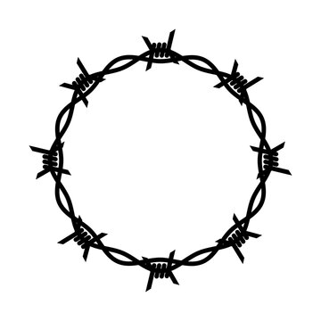 Barbed wire, symbol of prison or prohibition. Circular composition, barbed wire ring. Isolated raster illustration on a white background.