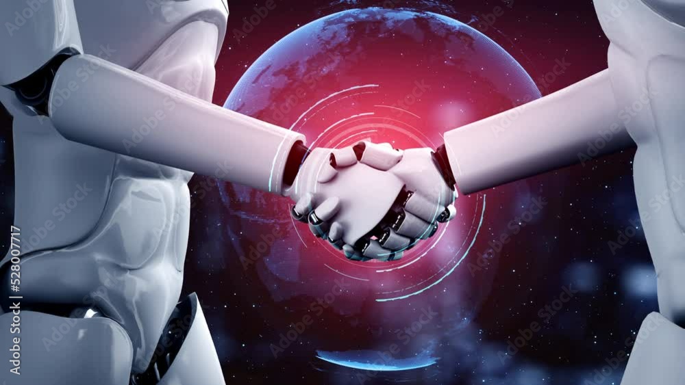 Poster 3d rendering hominoid robot handshake to collaborate future technology development by ai thinking br