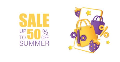 Summer sale vector banner design with strawberries. Summer sale in white empty space for text with discount for seasonal sale.