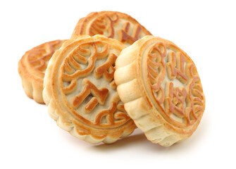 Mid-Autumn Festival moon cake on white background（Non-English texts translation :Five kernels, purple potato, chestnut）