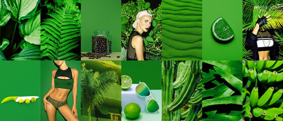 Set of trendy aesthetic photo collages. Minimalistic images of one top color.  Fashion tropical green moodboard
