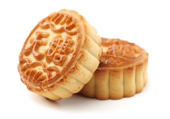 Mid-Autumn Festival moon cake on white background（Non-English texts translation :sugar free）