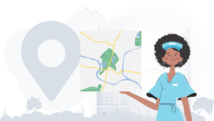 Delivery concept. The girl is holding a map. The trendy character is shown to the waist. Vector.