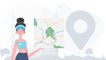 Delivery concept. The girl is holding a map. Cartoon style character is depicted to the waist. Vector illustration.