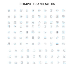 computer and media icons, signs, outline symbols, concept linear illustration line collection