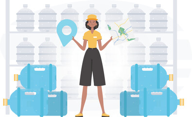 Girl water delivery operator holding a map. The character is depicted in full growth. Vector.