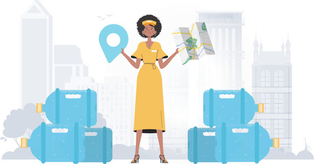 Girl water delivery operator holding a map. The trendy character is depicted in full growth. Vector illustration.