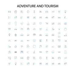 adventure and tourism icons, signs, outline symbols, concept linear illustration line collection