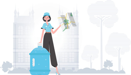 Girl water delivery operator holding a map. Cartoon style character depicted in full growth. Vector.