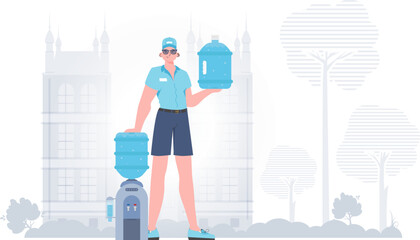 A man is holding a bottle of water. Delivery concept. The trendy character is depicted in full growth. Vector.