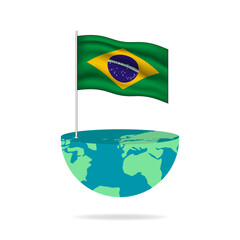 Brazil flag pole on globe. Flag waving around the world. Easy editing and vector in groups. National flag vector illustration on white background.
