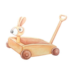 Children's wooden cart with a hare, watercolor illustration