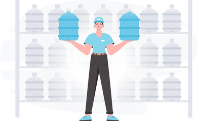 Obraz premium A man is holding a bottle of water. Delivery concept. The character is depicted in full growth. Vector illustration.