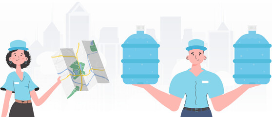 A group of people specializing in the delivery of water. Modern trendy style. Vector.