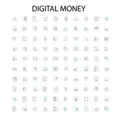 digital money icons, signs, outline symbols, concept linear illustration line collection