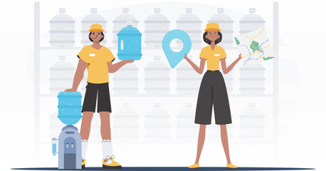 Water Delivery Team. Modern style. Vector.