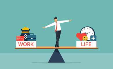 Work life balance concept, businessman standing with WORK and LIFE on seesaw