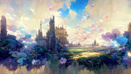 Beautiful landscape, fantasy world, suburbs, sky, clouds, digital illustration