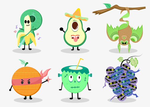 Fruit monsters with banana, avocado, kiwi, orange, coconut and grapes vector set isolated on white background for halloween.