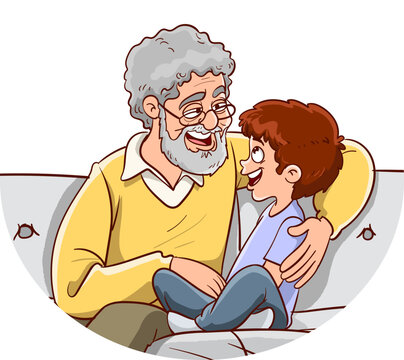 grandfather and grandson chatting together having fun vector illustration