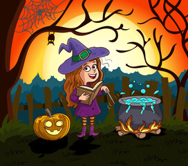 Halloween little witch.Magic wand and candies on hand.