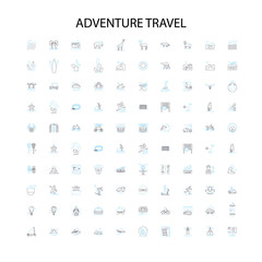 adventure travel icons, signs, outline symbols, concept linear illustration line collection