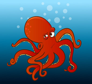 vector illustration of red octopus underwater