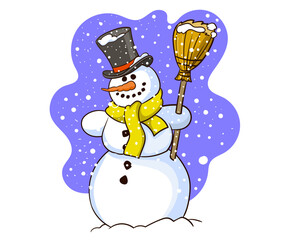 Snowman with hat and scarf isolated on white background. Vector illustration.