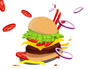 Jumping Burger ads, delicious and attractive hamburger with refreshing ingredients  illustration drawn vector