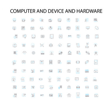 computer and device and hardware icons, signs, outline symbols, concept linear illustration line collection