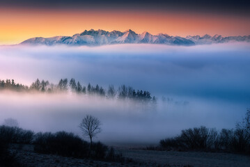 December, view from the Pieniny Mountains - Mount Wżdżar on the Tatra Mountains and fog....