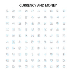 currency and money icons, signs, outline symbols, concept linear illustration line collection