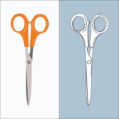Scissors with orange plastic handles, closed, on a white background. Вrawing, cartoon style.