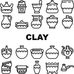 clay pot ceramic pottery bowl icons set vector. traditional vase food, old art, ancient earthware, craft jug, kitchen brown dish clay pot ceramic pottery bowl black contour illustrations