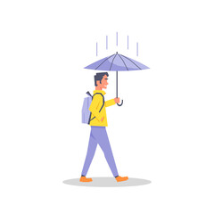 Walking man in the rain holding umbrella simple flat vector character illustration.