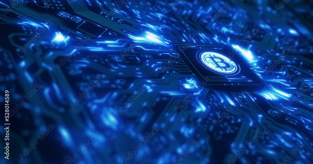 Aufkleber AI bitcoin, digital data and circuit board of NFT trading, connection and database of crypto traffic. Future transformation, web network and machine learning for cryptocurrency server, cybersecurity.