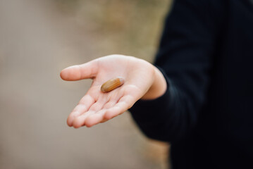 Acorn in the hands of a boy during outdoor autumn walk