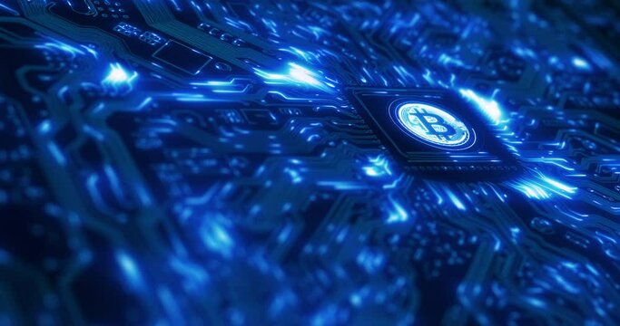 AI bitcoin, digital data and circuit board of NFT trading, connection and database of crypto traffic. Future transformation, web network and machine learning for cryptocurrency server, cybersecurity.