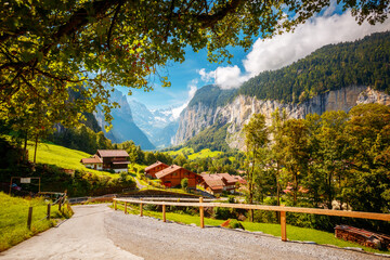 Gorgeous view of the picturesque alpine town of Lauterbrunnen. Swiss alps, Switzerland, Europe.