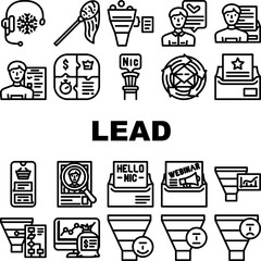 lead generation customer business icons set vector. funnel marketing, digital inbound conversion, client magnet strategy, website sales lead generation customer business black contour illustrations