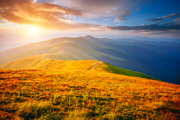 Stunning evening landscape in the mountains illuminated by the sun. Carpathian mountains, Ukraine, Europe.