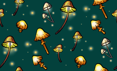 Seamless pattern with glowing forest mushrooms