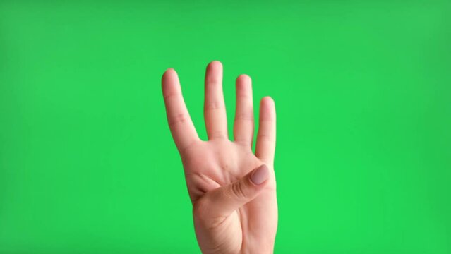 Female palm-side hand counting to five on a Chroma Key Background. Close up. Woman Gesturing Count Isolated on Green Screen. 4K Footage. Numbers calculating. Hand counting from 1 to 5 with fingers