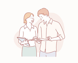 Two business people discussing about work. Hand drawn style vector design illustrations. 